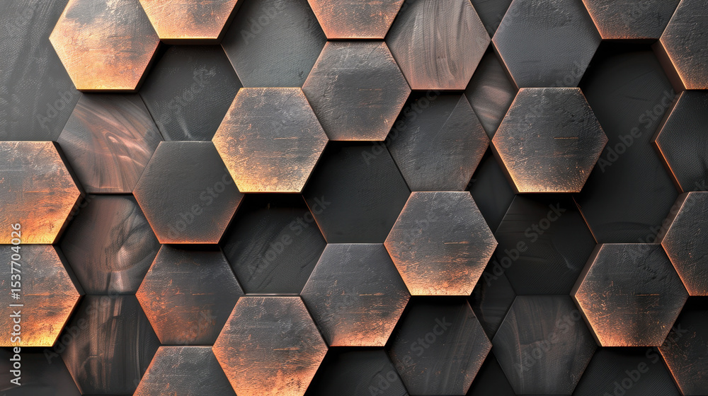 Poster abstract technology background with layered hexagons, featuring blend of dark and metallic tones, cr