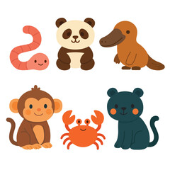 Set of cartoon exotic animals including worm, panda, platypus, monkey, crab, and black panther. Flat colorful illustration on white background. Wild creatures and biodiversity concept