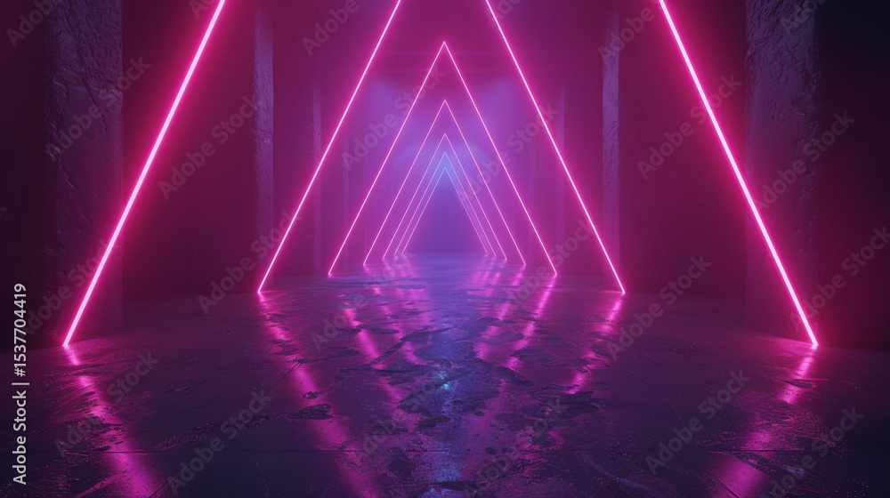 Poster captivating scene featuring vibrant neon pink lines forming abstract triangular shapes in dimly lit 