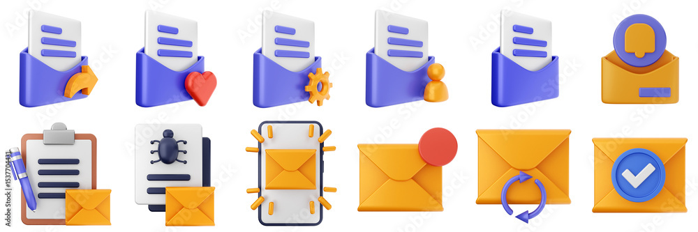 Poster 3d mail email message document file envelope media chat delivery icon set bundle illustration