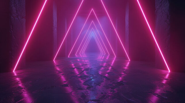 Captivating scene featuring vibrant neon pink lines forming abstract triangular shapes in dimly lit corridor. reflective floor enhances ethereal atmosphere, creating sense of depth and intrigue