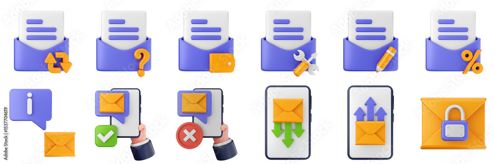 Poster 3d mail email message document file envelope media chat delivery icon set bundle illustration