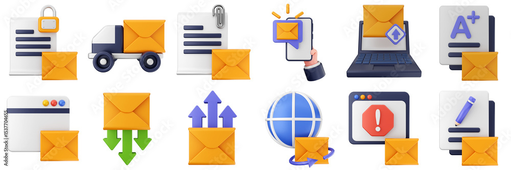 Poster 3d mail email message document file envelope media chat delivery icon set bundle illustration