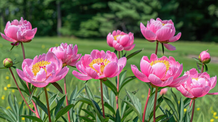 Fototapeta premium Soft pink peonies in full bloom create vibrant display in lush green field, evoking feelings of joy and tranquility. Their delicate petals and bright yellow centers add beauty to landscape