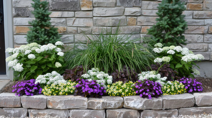 Naklejka premium Beautiful clusters of white and purple flowers create vibrant garden display against stone wall. arrangement includes lush greenery, adding refreshing touch to landscape