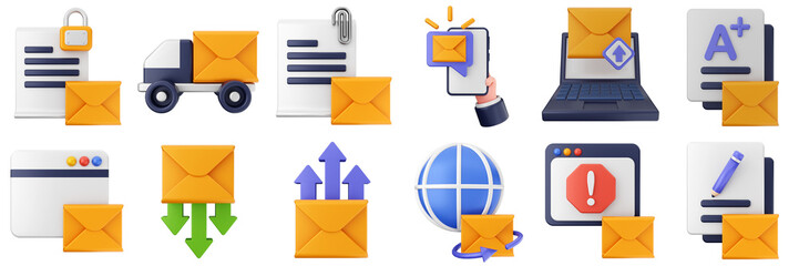 3d mail email message document file envelope media chat delivery icon set bundle illustration
