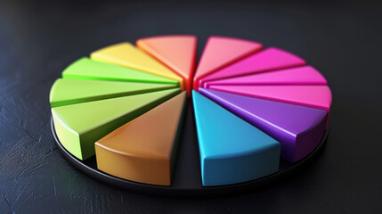 Colorful pie chart slices arranged in circular formation on dark surface, showcasing vibrant colors like green, orange, pink, and purple. design is visually appealing and modern