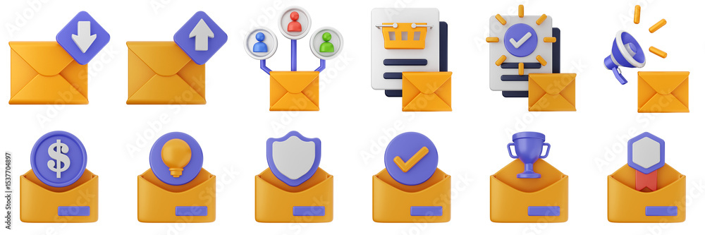 Poster 3d mail email message document file envelope media chat delivery icon set bundle illustration