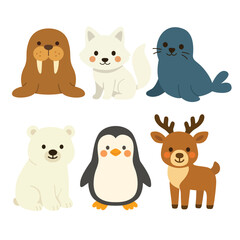 Set of cartoon arctic and winter animals including walrus, arctic fox, seal, polar bear, penguin, and reindeer. Flat colorful illustration on white background. Cold climate wildlife 
