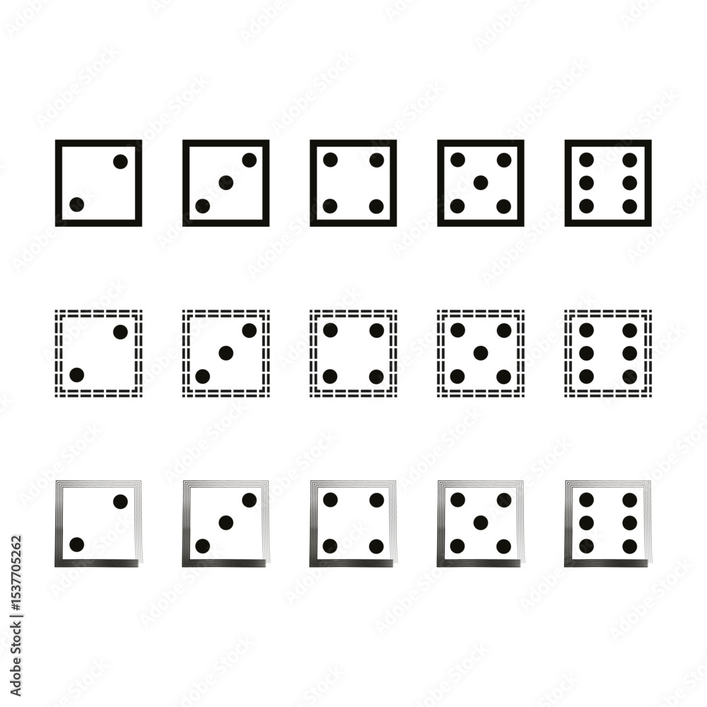Aufkleber dice dot icons. game cube vector. number five variation. black outline shapes.