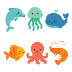 Set of cartoon sea animals including dolphin, jellyfish, whale, fish, octopus, and shrimp. Flat colorful illustration on white background. Underwater creatures and ocean life concept