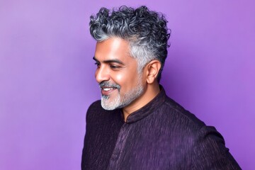 Fototapeta premium Idea of style for aging men. Fashionable men's pompadour haircut - midlife indian man with curly hair. A man with natural beauty and a confident stance. Purple solid background.