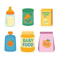 Set of baby food and feeding products including milk bottle, puree jars, food pouches and containers with smiling fruit and vegetable icons. Flat cartoon illustration on white background