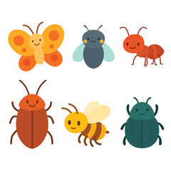 Set of cartoon insects including butterfly, fly, ant, cockroach, bee, and beetle. Flat colorful illustration on white background. Insect species and entomology concept. Design for sticker, card