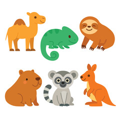 Set of cartoon exotic animals including camel, chameleon, sloth, capybara, lemur, and kangaroo. Flat colorful illustration on white background. Wild animals and biodiversity concept