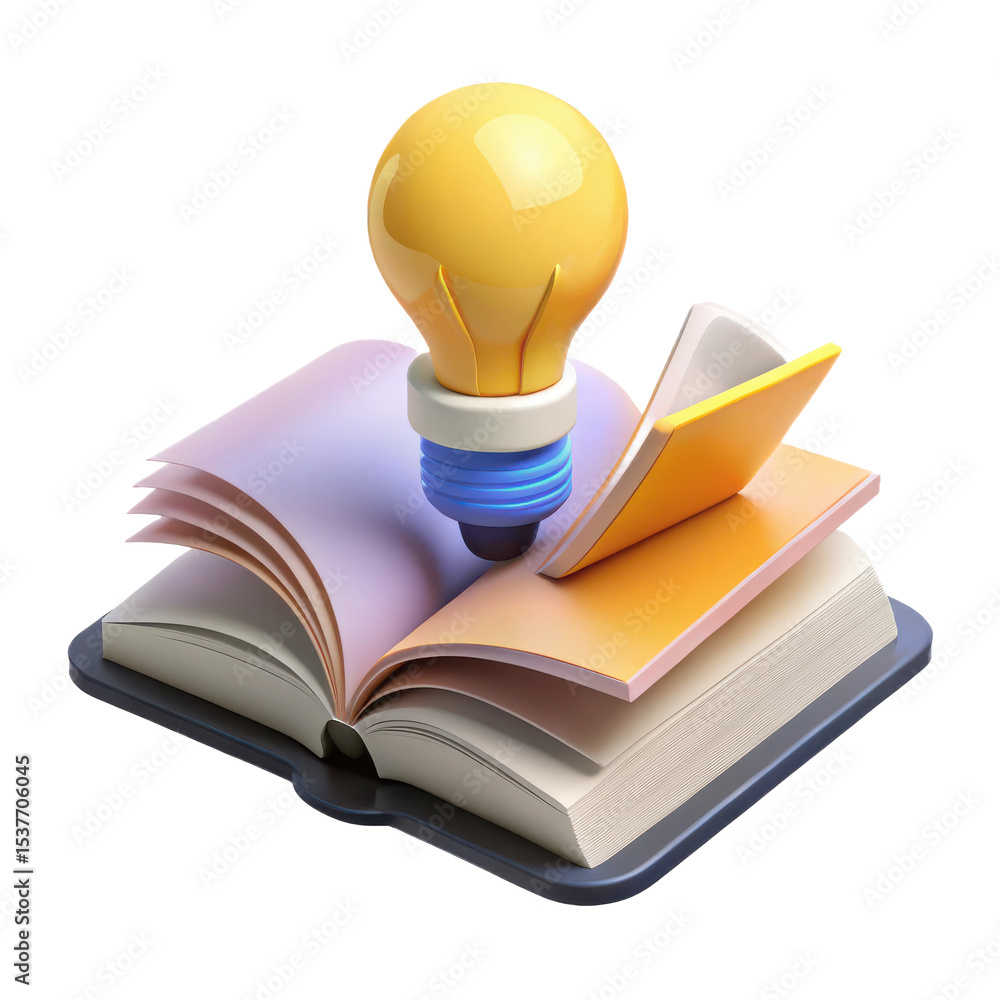 Poster 3d render of an open book with a lightbulb on top, isolated on white