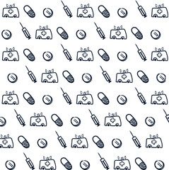 The medical background consists of repeating icons of pills, capsules, syringes and ambulances.