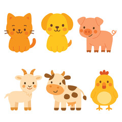Set of cartoon farm animals including cat, dog, pig, goat, cow, and chicken. Flat colorful illustration on white background. Domestic animals and farm life concept. Design for sticker, card