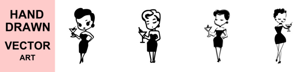 Elegant hand drawn vector illustration of stylish women holding cocktails in black dress with retro glamour for fashion bar party and lifestyle design