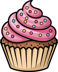 Chocolate Cupcake with Pink Frosting and Sprinkles Cartoon Dessert Vector stiker style