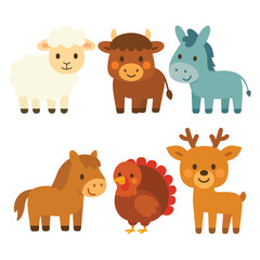 Set of cartoon domestic and farm animals including sheep, bull, donkey, horse, turkey, and deer. Flat colorful illustration on white background. Livestock and rural animal concept. Design for sticker