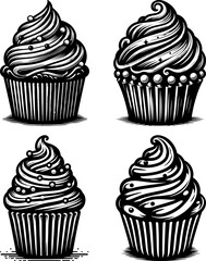 Vintage Black and White Cupcake Set  Retro Dessert Vector Illustration