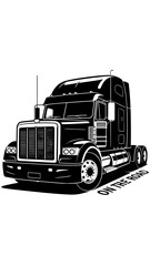 Semi Truck Front Angle Silhouette with “On the Road” Text – Vector Illustration