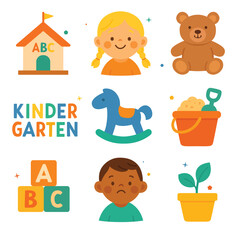 Kindergarten icons with children, school building, toys, alphabet blocks, and plants. Flat cartoon illustration set with isolated elements on white background. Early childhood education and preschool