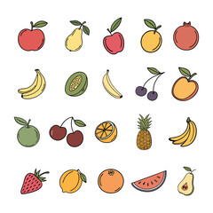 Colorful  set of fruits and berries including apple banana cherry and more in a fresh and healthy collection vector illustration
