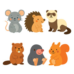 Set of cartoon forest and woodland animals including mouse, hedgehog, ferret, beaver, mole, and squirrel. Flat colorful illustration on white background. Small mammals and wildlife concept