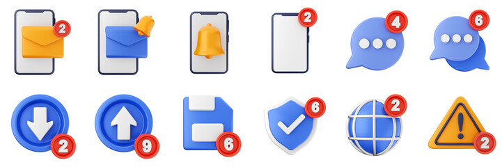 3d notification notice alert attention application bell alarm reminder icon set bundle illustration