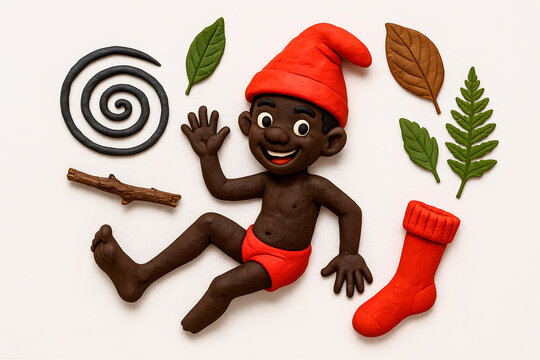 Saci Sitting with Leaves and Magical Spiral Elements