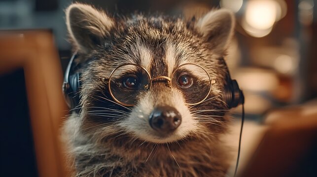 Raccoon in headset reviewing files in office cubicle