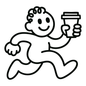a person with curly hair running while holding a coffee cup, exuding energy and joy with a playful, minimalist style