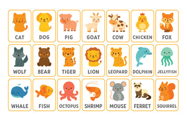 Set of educational animal flashcards with labeled cartoon illustrations of domestic, wild, sea, and forest animals including cat, dog, pig, goat, cow, chicken, and more. Flat learning materials