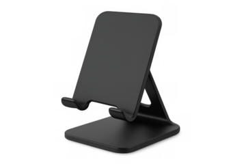 Black smartphone stand holding mobile phone on transparent background, perfect for showcasing apps and websites