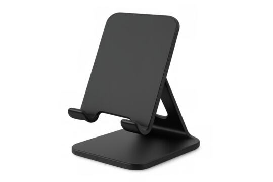 Black smartphone stand holding mobile phone on transparent background, perfect for showcasing apps and websites