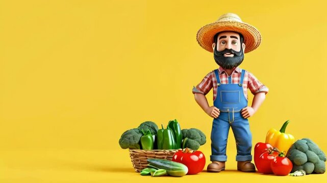 3d bearded farmer in overalls and straw hat standing next to garden vegetables on isolated yellow background with space for copy.