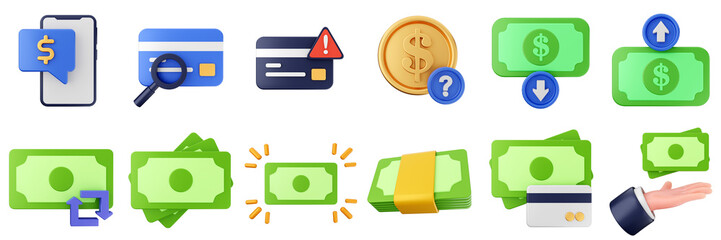 3d money transaction coin finance investment wealth payment income dollar icon set bundle illustration