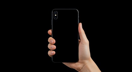 Hand Holding Black Smartphone on Dark Background - Mobile Phone Mockup