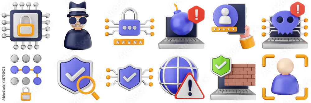 Poster 3d cyber security system safety technology safe digital data information password icon set bundle il