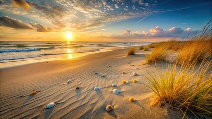 Serene Coastal Sunset Golden Sands, Ocean Waves, and Seashells at the Shore
