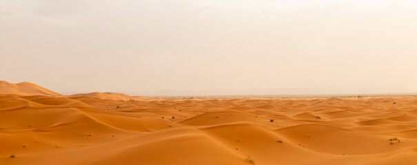 Sunset panoramic landscape views of Erg Chebbi sand dunes located in Morocco on the western edge of...