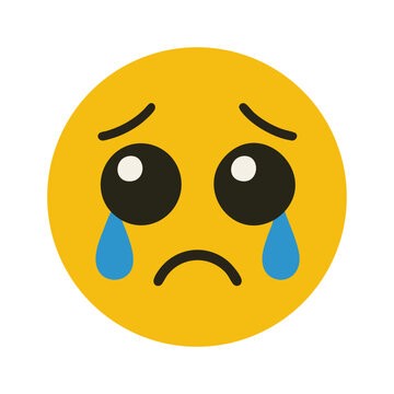 A classic yellow emoji face with big, sad eyes and prominent blue tears streaming down, expressing sorrow, emotional distress, or a plea for sympathy, crying emoticon with blue tears.