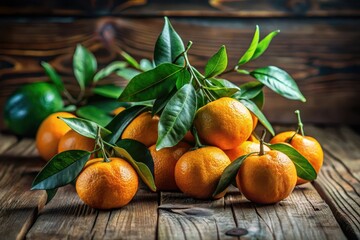 A vibrant cluster of ripe citrus fruits, freshly picked and still clinging to their lush green leaves, rests on a rustic wooden surface