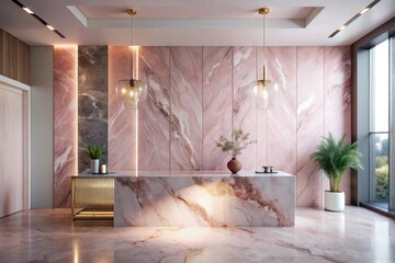 Elegant Reception Area with Pink Marble Accents and Modern Lighting Fixtures
