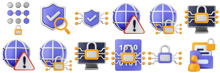 3d cyber security system safety technology safe digital data information password icon set bundle illustration