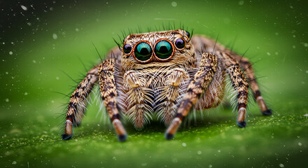 Macro photograph of a jumping spider with bright green eyes on a green leaf