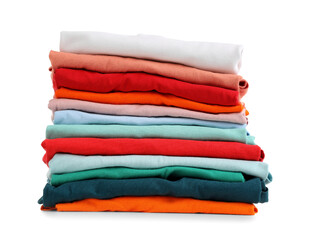 Stack of clean folded clothes isolated on white background