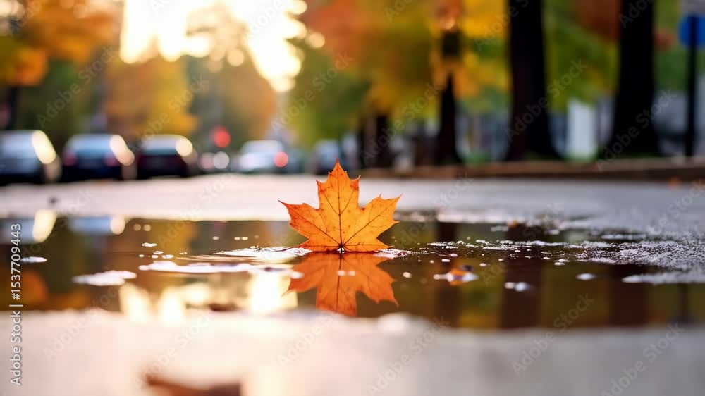 Poster autumn season maple leaf floating in water puddle with reflections and blur background. fall color f